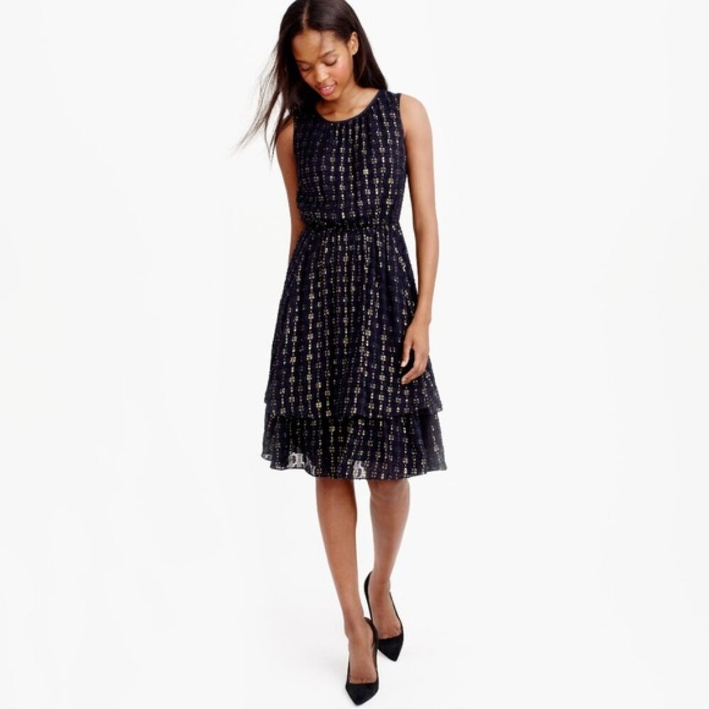 NWT J.CREW GOLD METALLIC TEXTURED-DOT NAVY FLIRT DRESS